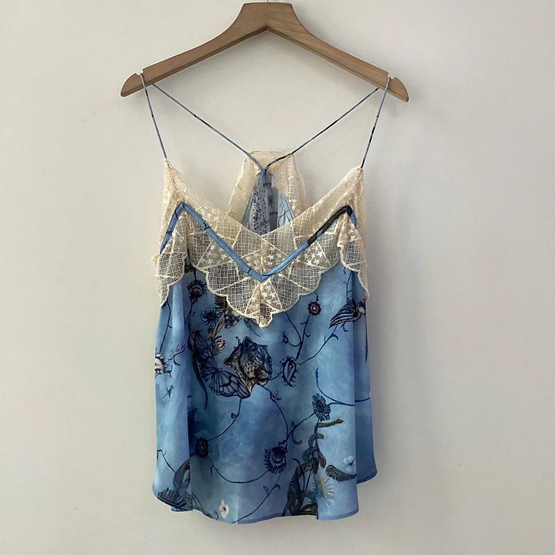 

Zadig Women Summer Camisole Sexy Lace Summer Sling Tops Female Vintage Blue Print Elegant Spring Sleeveless Casual Camisole Top