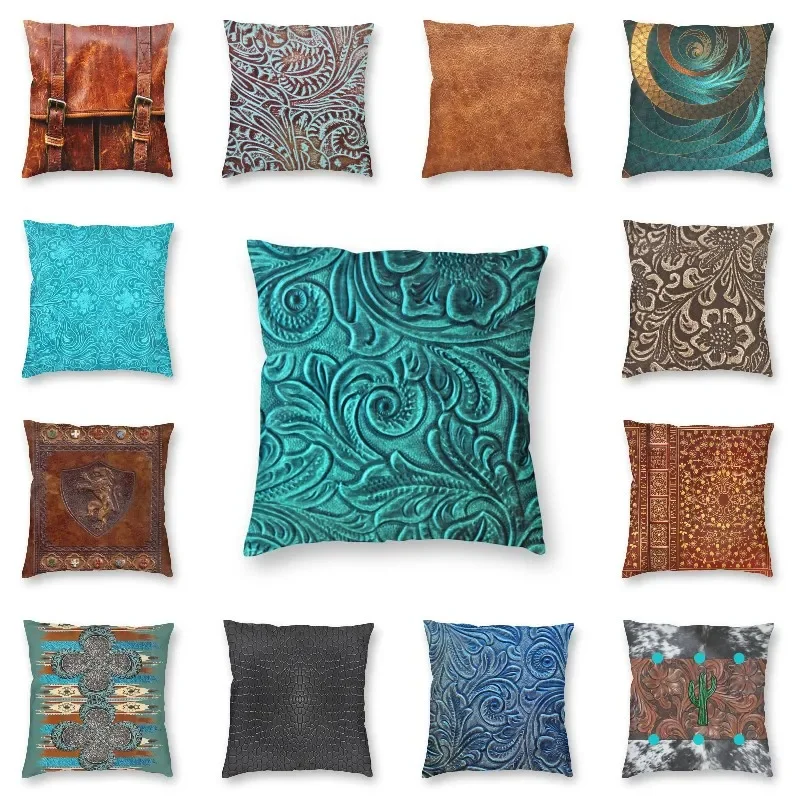 

Turquoise Embossed Tooled Leather Floral Scrollwork Design Cushion Cover Print Throw Pillow Case for Sofa Pillowcase Decoration