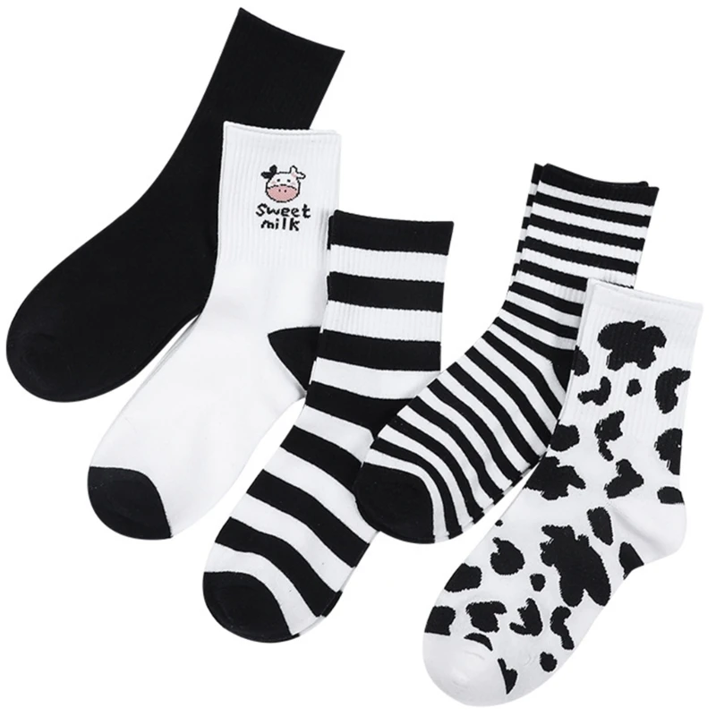 

5 пар хлопковых носков с милым принтом коровы для женщин и девочек, забавные мультяшные животные, уличная одежда 37JB