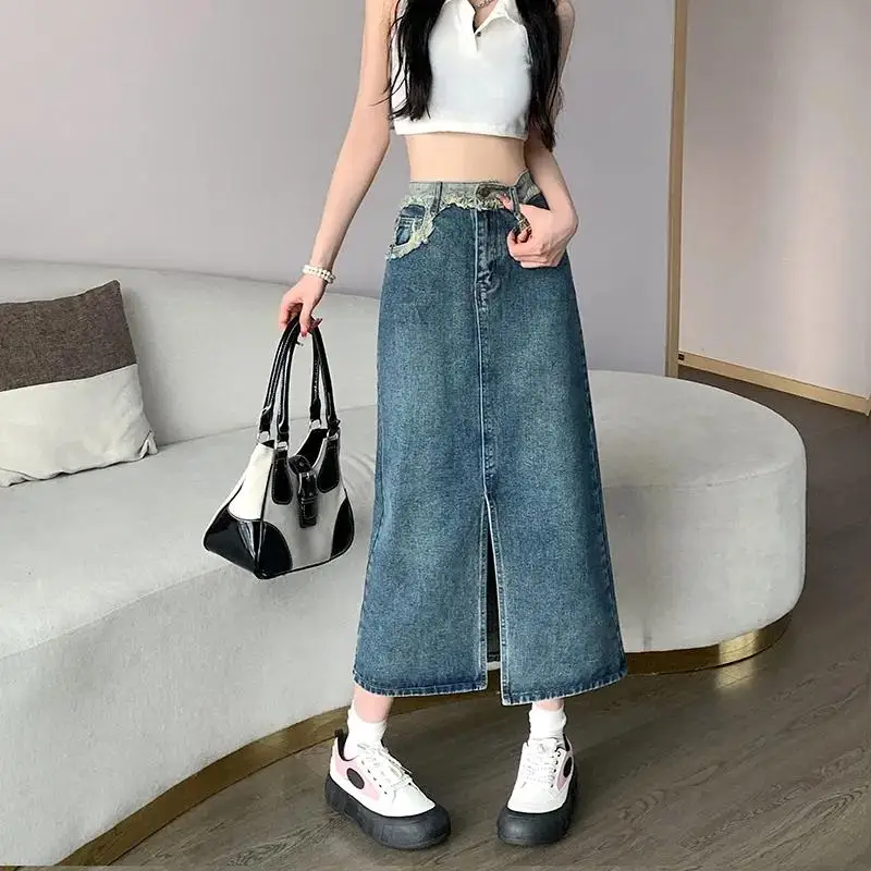 

High Waisted Split Denim Skirt for Women Splicing Split A-Line Skirt 2024 Pocket Washed Mid Length Skirt Women's Clothing