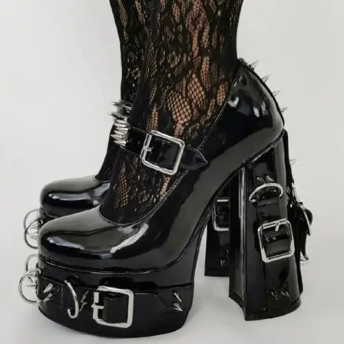 

Black Patent Leather Round Toe Sliver Metal Buckles Spike Rivet Shallow Pumps Women Lolita Square Chunky Heels Platform Shoes