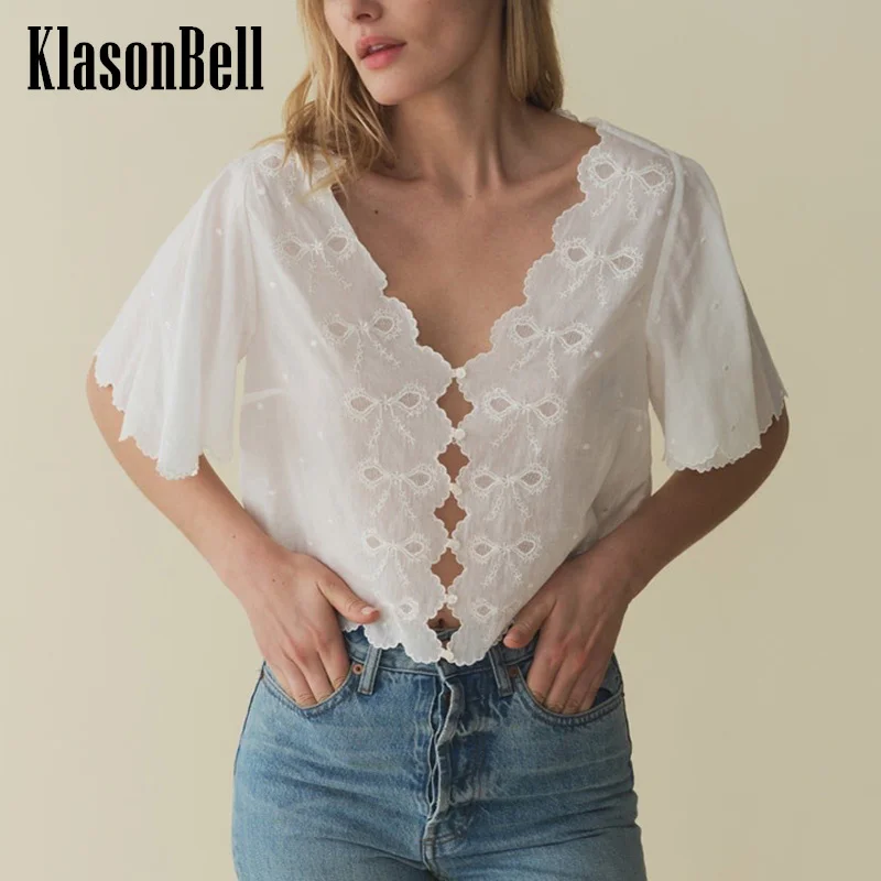 Женская ажурная блузка KlasonBell с глубоким V-образным вырезом, винтажная Милая рубашка с коротким рукавом и цветочной вышивкой и бантом, 6,28
Женская ажурная блузка KlasonBell с глубоким V-образным вырезом, винтажная Милая рубашка с коротким рукавом и цветочной вышивкой и бантом, 6,28