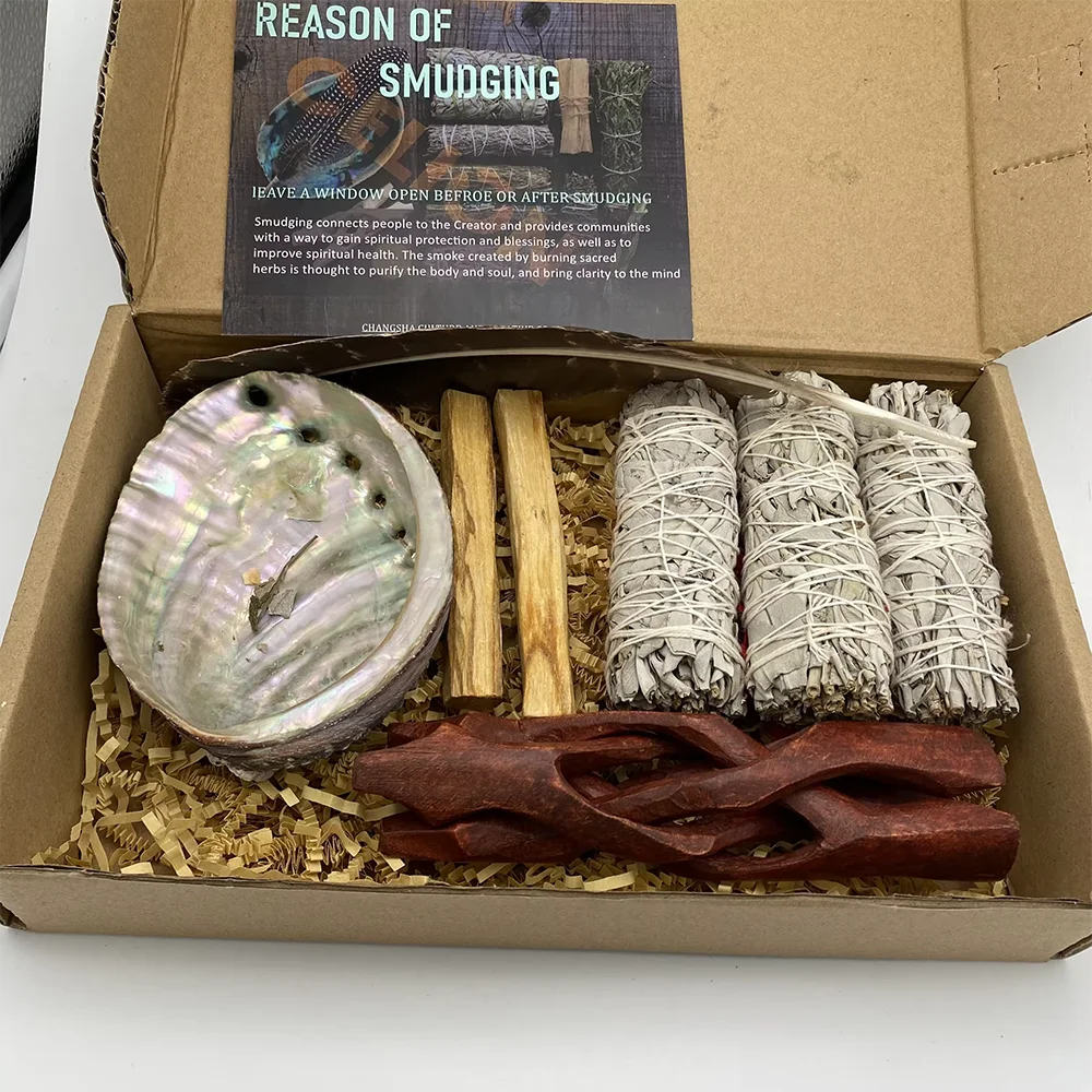 

CELION Factory sale sage smudging kit set with sage shells bowl wooden holder and turkey feather