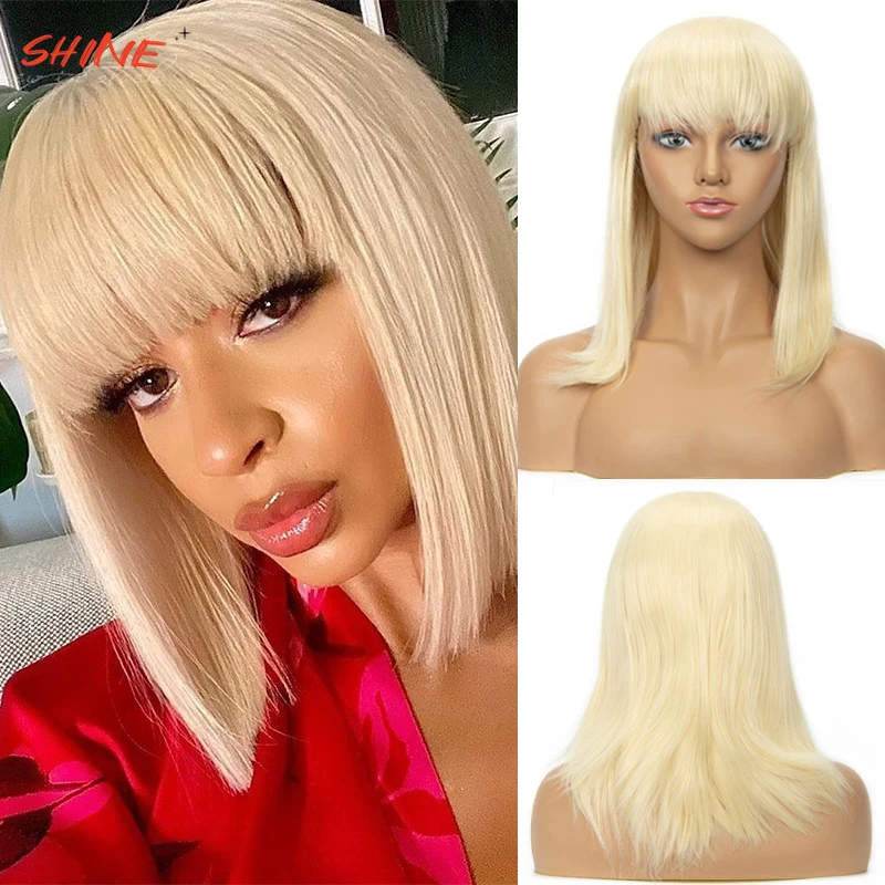 

Synthetic Blonde Wig with Bangs Short None Lace Front Wig For Women Middle Parting Daily Cosplay Party Heat Resistant Bang Wig
