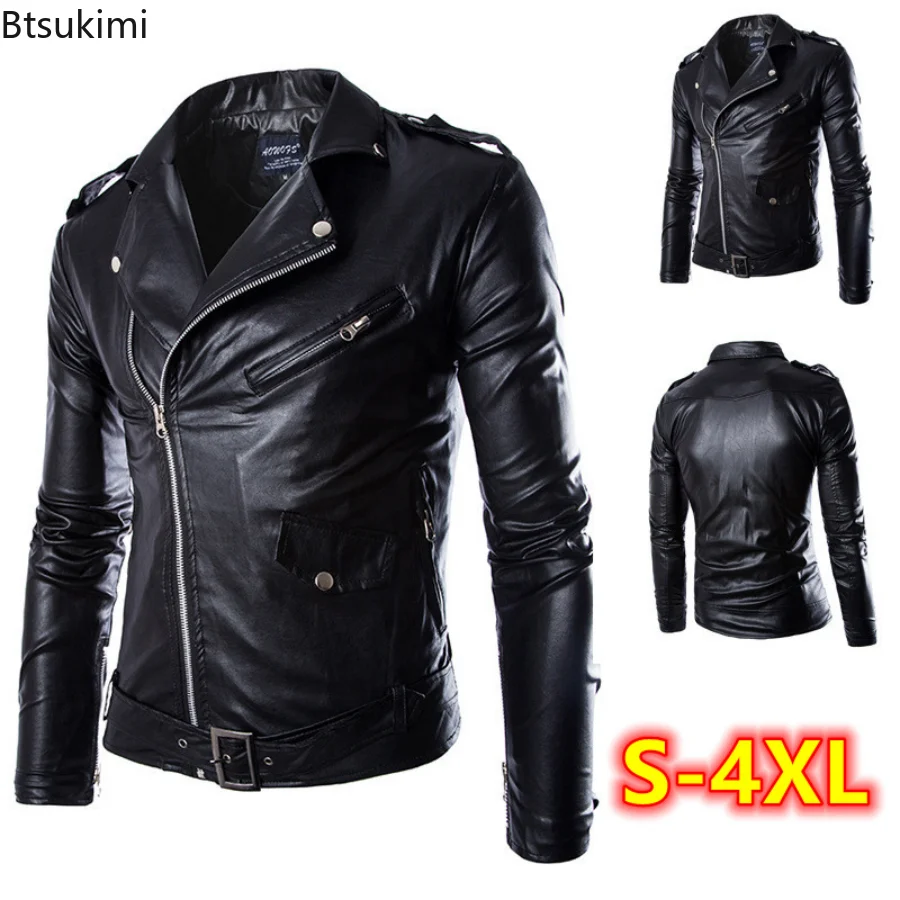 

New Men’s PU Leather Jacket Lined Jacket Slim Street Biker Coat Mens Leisure Overcoat Turn-down Collar Long Sleeve Trench Coat