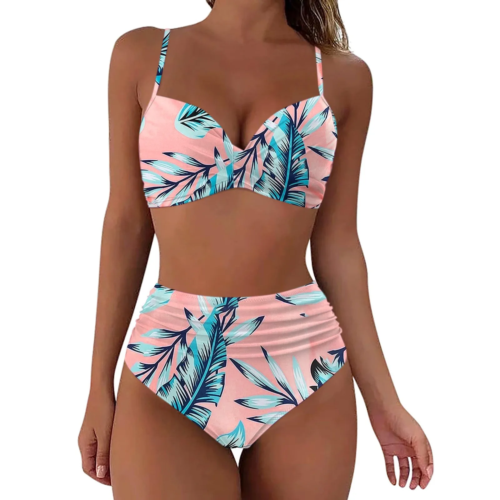

Sexy High Waist Print Swimsuit Women Push Up Two Piece Swimwear Vintage Ruched Tankini Set Spring Summer Beach Swimming Suit