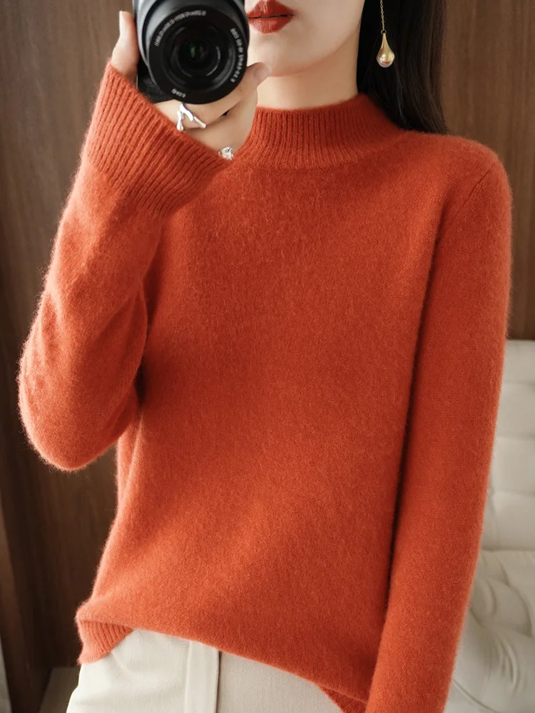 

Autumn Winter Women Mock Neck Long Sleeve Pullover Sweater Basic Pure Color Clothes 30% Merino Wool Knitwear Soft Comfort Tops