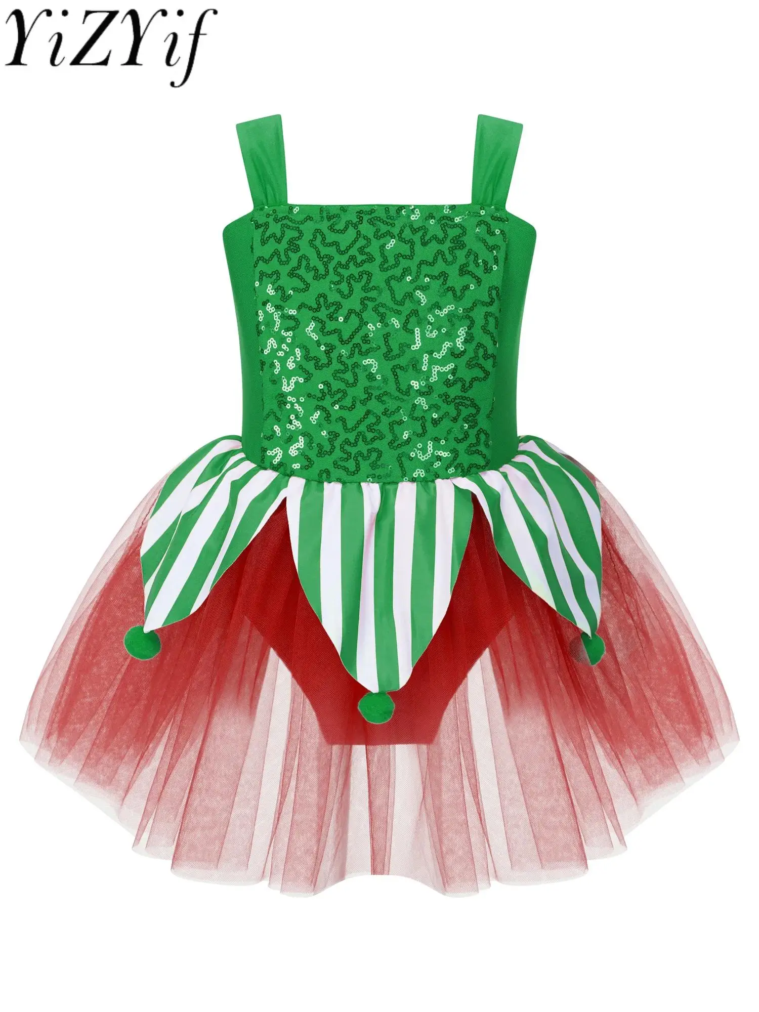 

Kids Girls Candy Cane Christmas Costume Xmas Elf Party Cosplay Dress Sequin Striped Figure Skating Ballet Dance Leotard Tutu