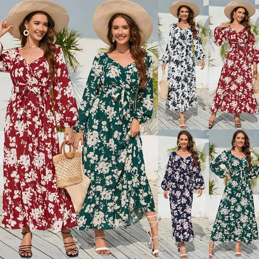 

Women Flowy Casual Maxi Dress Lantern Long Sleeves Deep V-Neck Floral Print Dress A-Line Belted Loose Maxi Dresses 2024 New