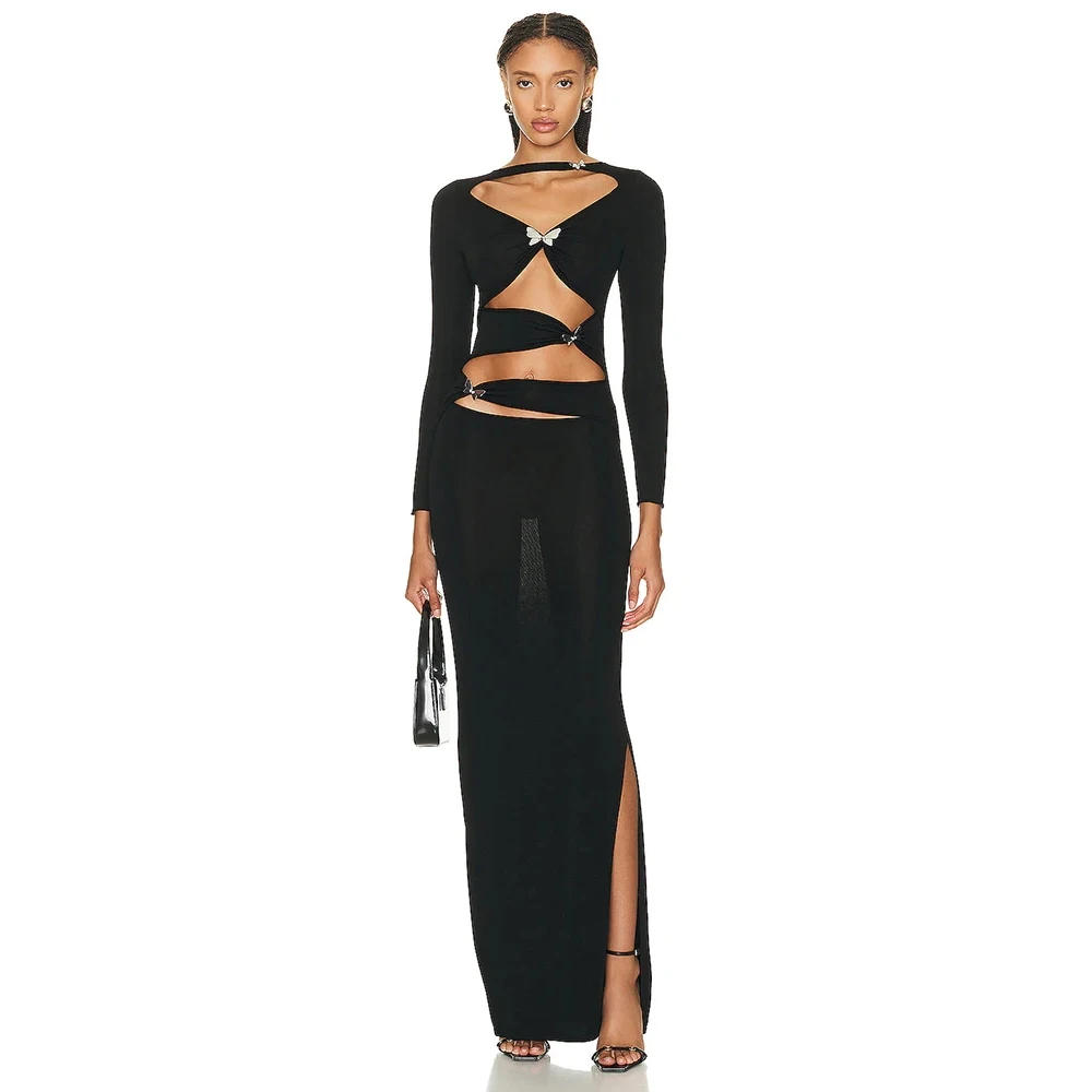 2024 Spring Sexy Women Long sleeved Hollow Out Butterfly Pins Black Split Long Dress Bodycon Celebrity Party Evening Dress
2024 Spring Sexy Women Long sleeved Hollow Out Butterfly Pins Black Split Long Dress Bodycon Celebrity Party Evening Dress