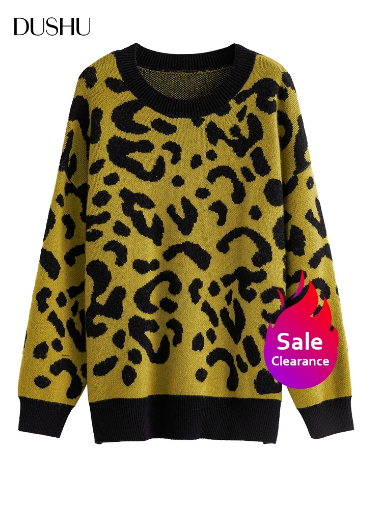 

DUSHU【Clearance Sale】30.4% Wool Round Neck Leopard Print Sweatshirt Winter Warm Drop Sleeve Loose Sweaters Knitting Pulovers