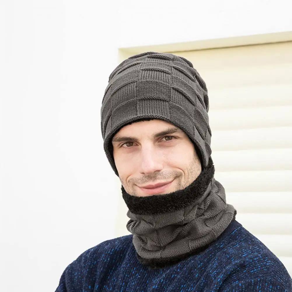 

Зимний комплект из шапки и шарфа, Уютная зимняя шапка и шарф для мужчин, вязаная Нескользящая теплая Шейная теплая шапка для езды на велосипеде, однотонная шапка
