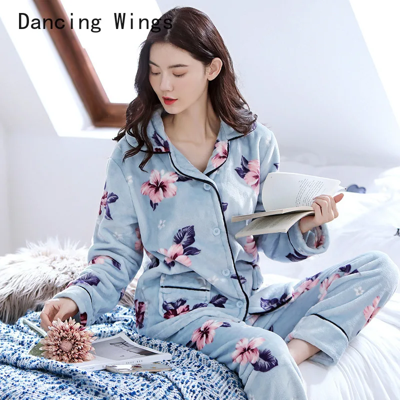 

Womens Flannel Purple Pajamas Pyjamas Sets Long Sleeve Sleepwear Pijama Pajamas Suit Female Sleep Two Piece Set Loungewear