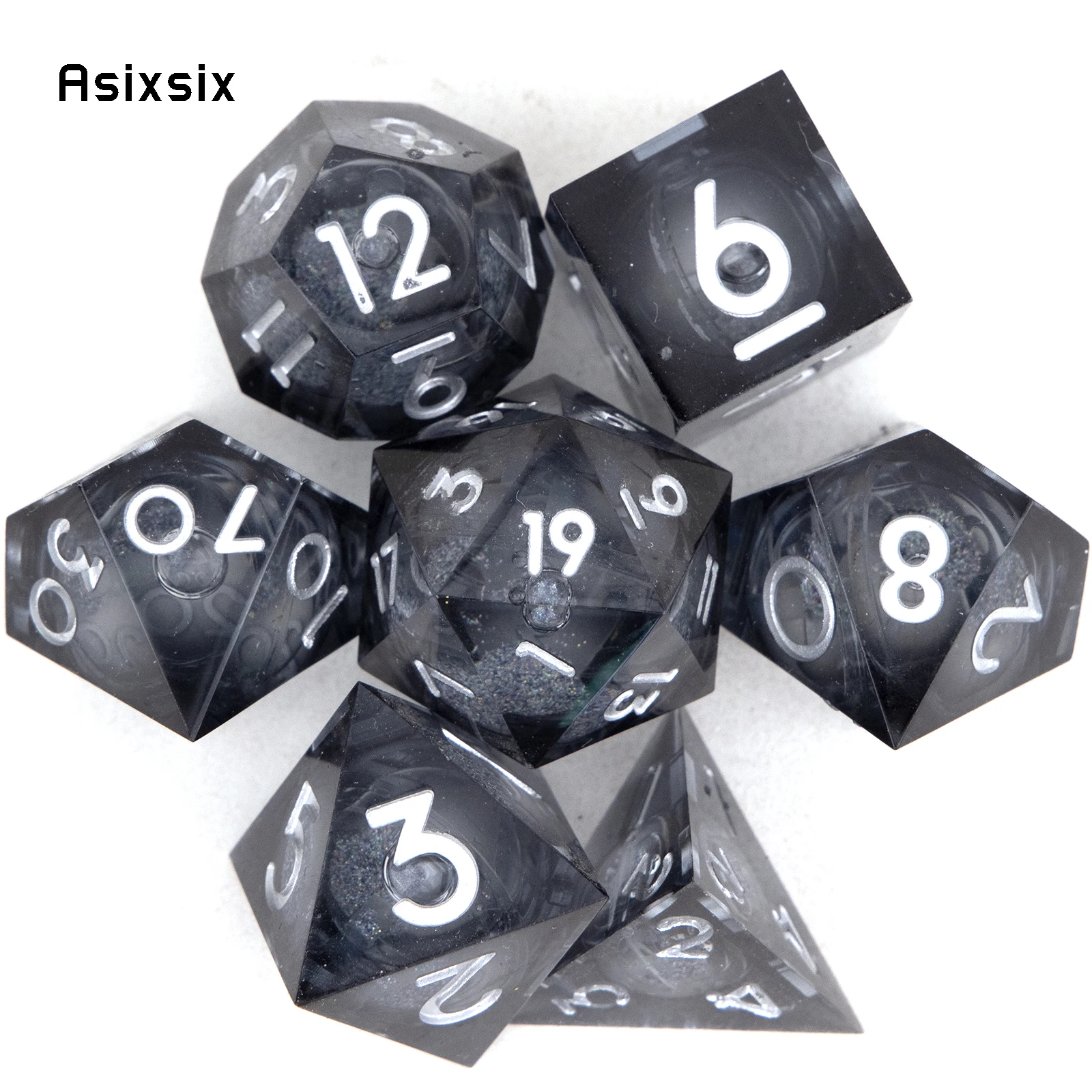 7 Pcs Black Resin Flowing Sand White Number Sharp Edge Dice Polyhedral Dice Suitable for RPG Board Game
7 Pcs Black Resin Flowing Sand White Number Sharp Edge Dice Polyhedral Dice Suitable for RPG Board Game