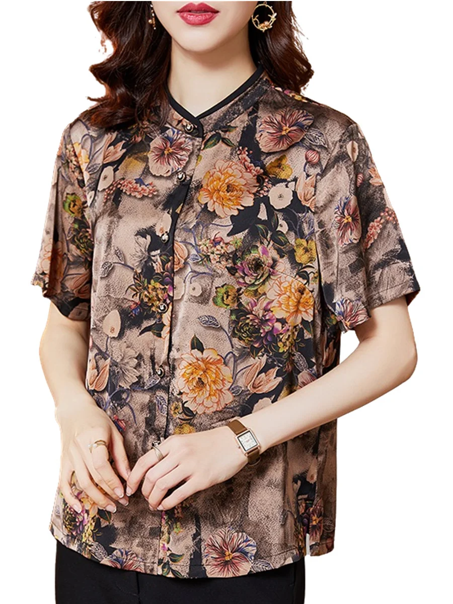 

4XL Women Spring Summer Shirts Lady Fashion Casual Short Sleeve O-Neck Collar Retro Printing Blusas Tops CT0610