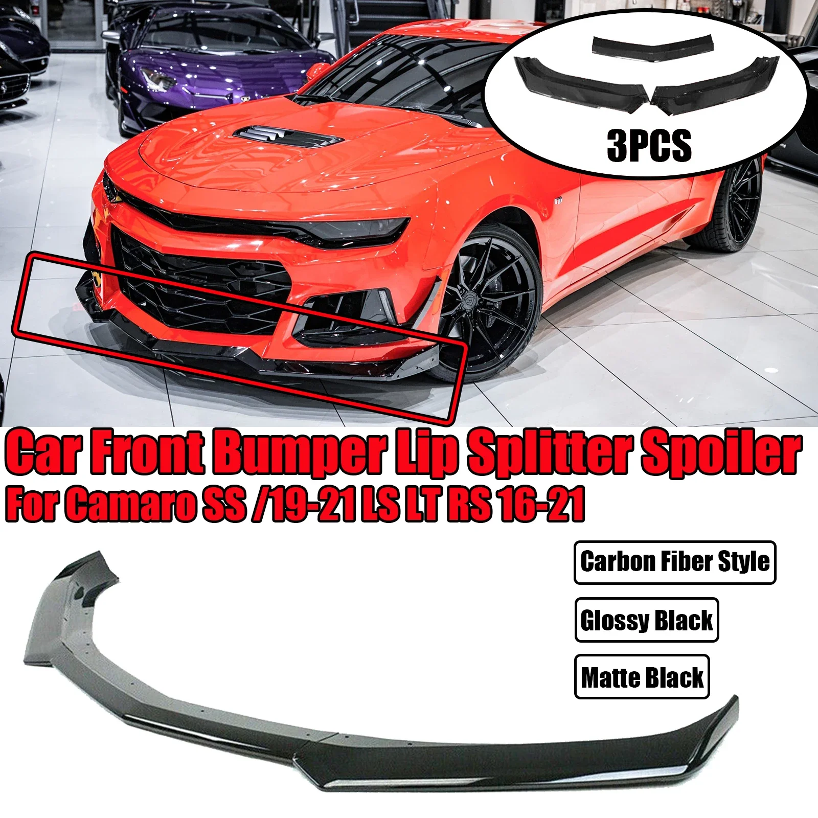 

3PCS For 2016-2021 Chevy Camaro SS / 2019-2021 LS LT RS Car Front Bumper Lip Splitter Spoiler Body Kit Carbon Fiber Style