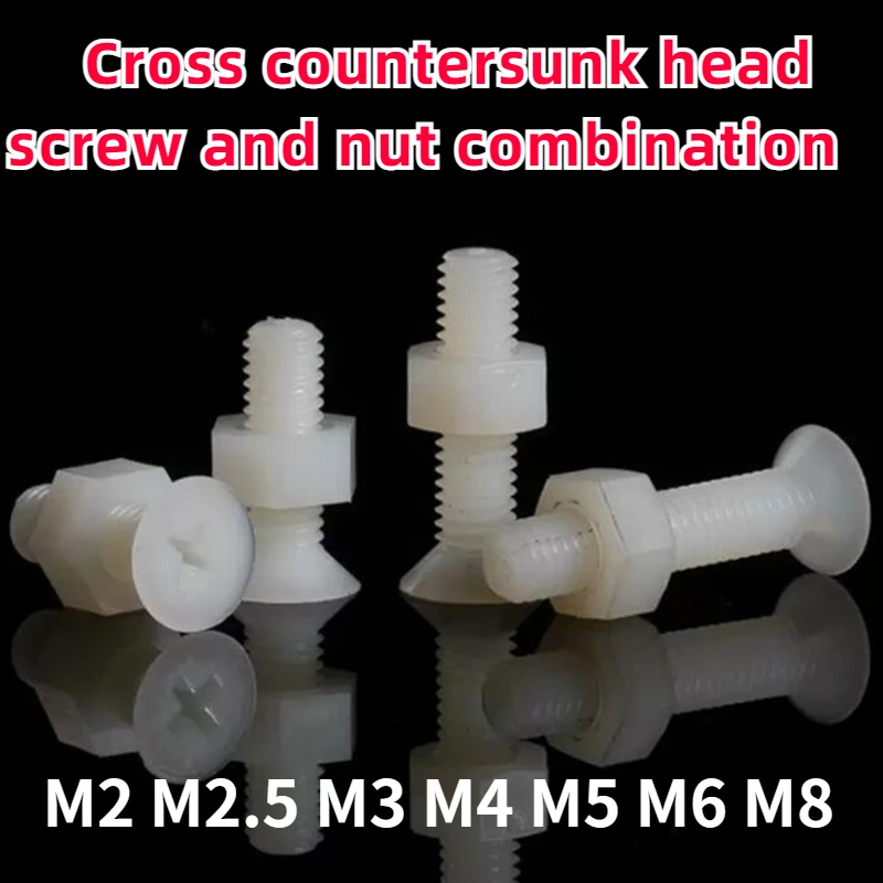 

10-20 PCS Nylon Plastic Screw Nut Two Combination Set Plastic Countersunk Cross Flat Head Insulation Bolt M2 M2.5 M3 M4 M5 M6 M8