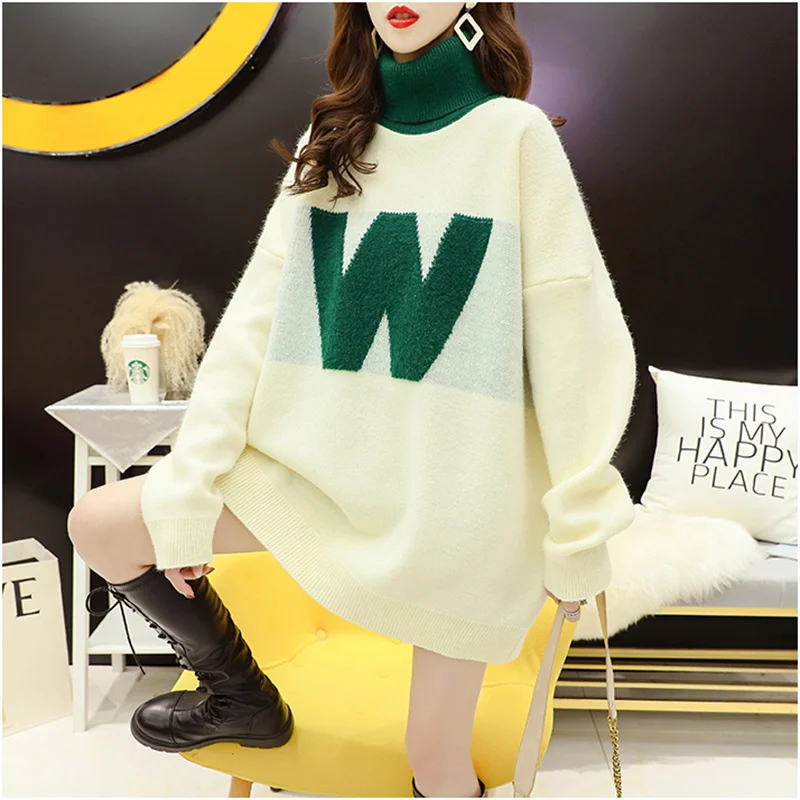 

DAYIFUN Women's Knitted Sweaters 2022 Winter New Thickened Warm High Neck Pullovers Contrast Color Korean Loose Bottomed Jumpers