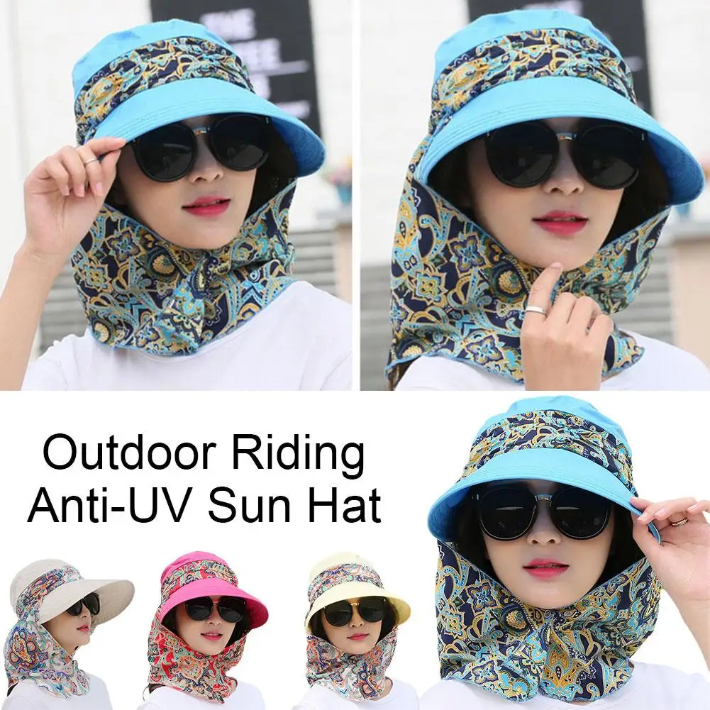 

1PCS Women Summer Outdoor Riding Anti-UV Sun Hat Beach Face Neck Print Sunscreen Caps Wide Foldable Hat Brim Floral Z4O7