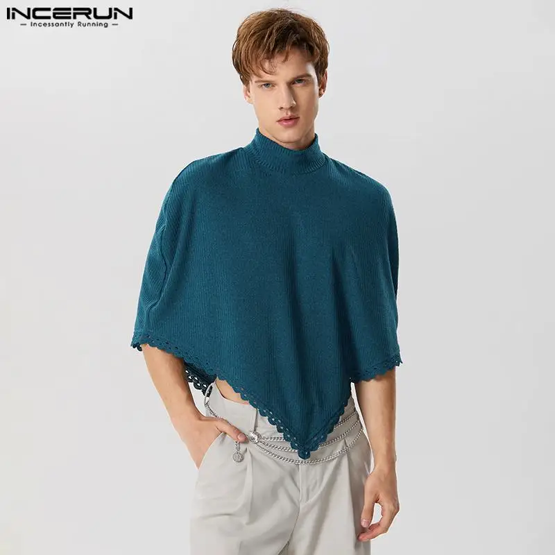 

Casual Simple Style Tops INCERUN New Men's Loose Fitting Solid Knitted Lace Trench Fashion Male High Neck Shawl Cape S-5XL 2024