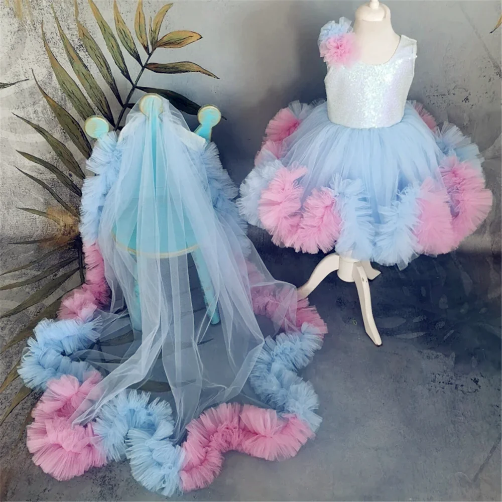 

First Communion Gowns Blue Pink Flower Girl Dresses Tulle Sequin Tailing Sleeveless For Wedding Kids Birthday Gift Princess