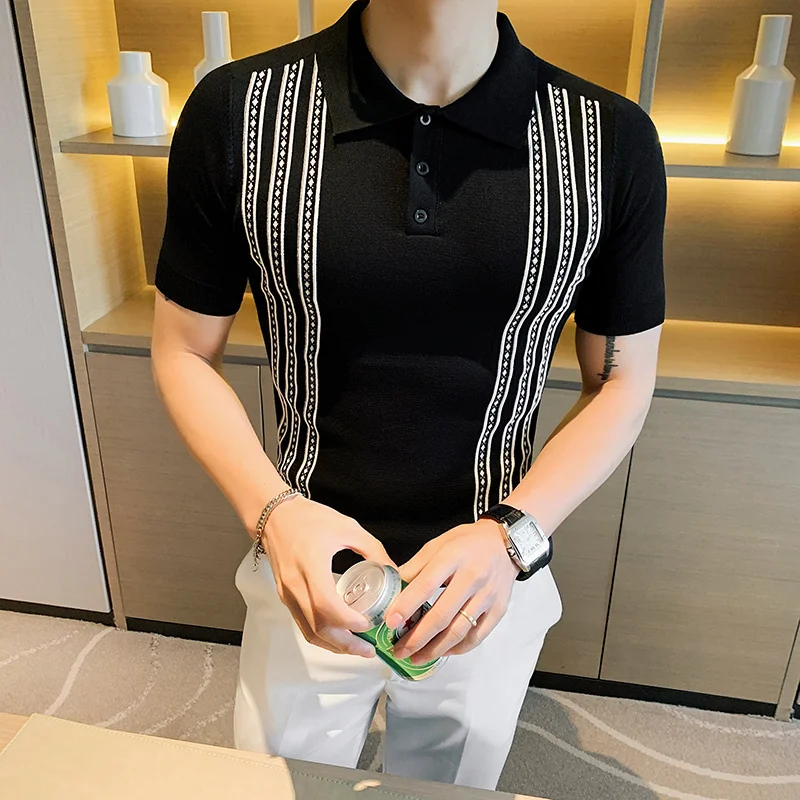 

Polo Slim Social Knitting British Style Stripes Polo Shirt Men Summer Short Sleeve Men's Polos Slim Fit Casual Polo Homme 3XL