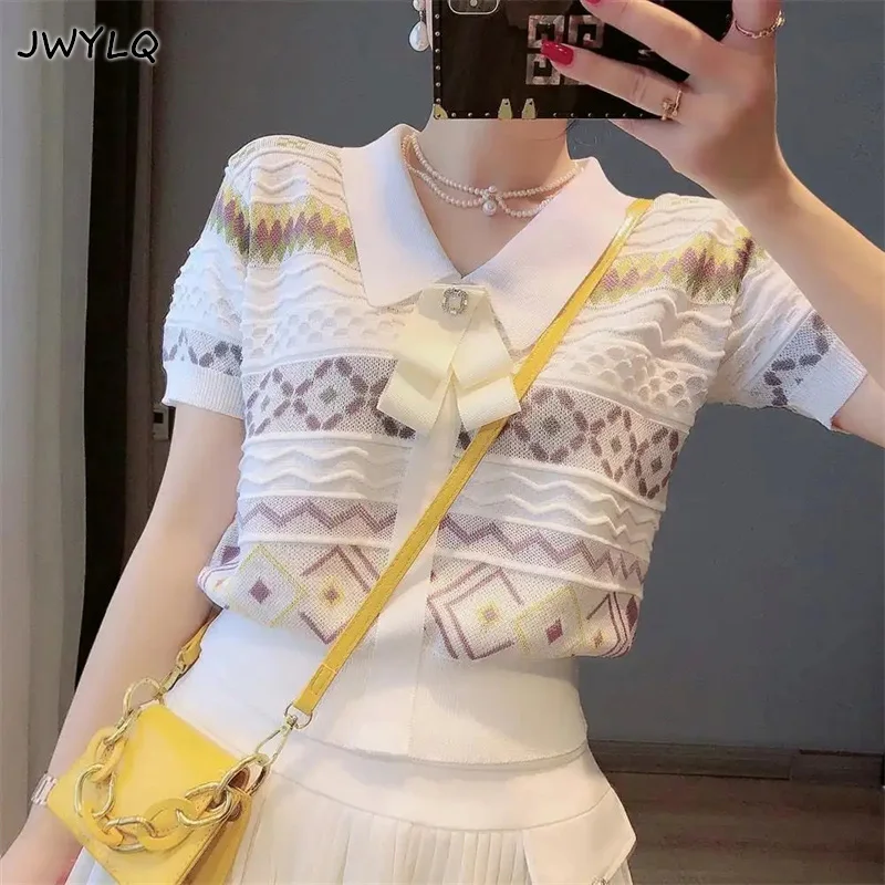 

Korean Fashion Knit Tops Women 2022 Summer Cute Turn Down Collar Bows Short Sleeve Pullover Vintage Cropped Knitted Sweater