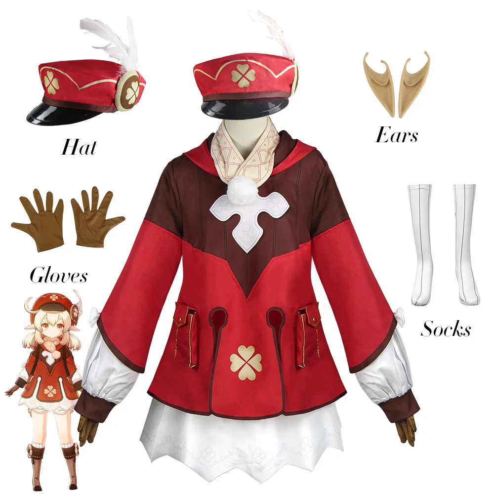 

Game Klee Cosplay Costume Genshin Impact Woman Halloween Carnival Red Dress Loli Cute Outfit Feather Hat Ears Wig Full Set Props