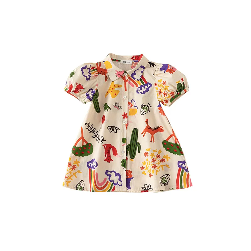 

Детская одежда, Новинка лета 2023, рубашка с коротким рукавом и отложным воротником для девочек с мультяшным принтом, модное милое платье