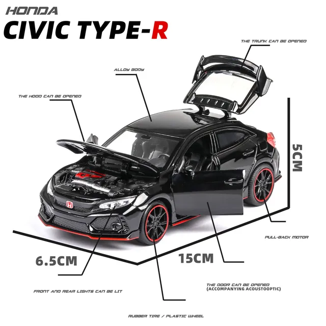 Honda Civic Type R Toy Car pour enfants, modèle l'inventaire moulé sous pression, portes arrière côtelées, ouvrable, collection son et lumière, cadeau pour garçons, 1/32 2