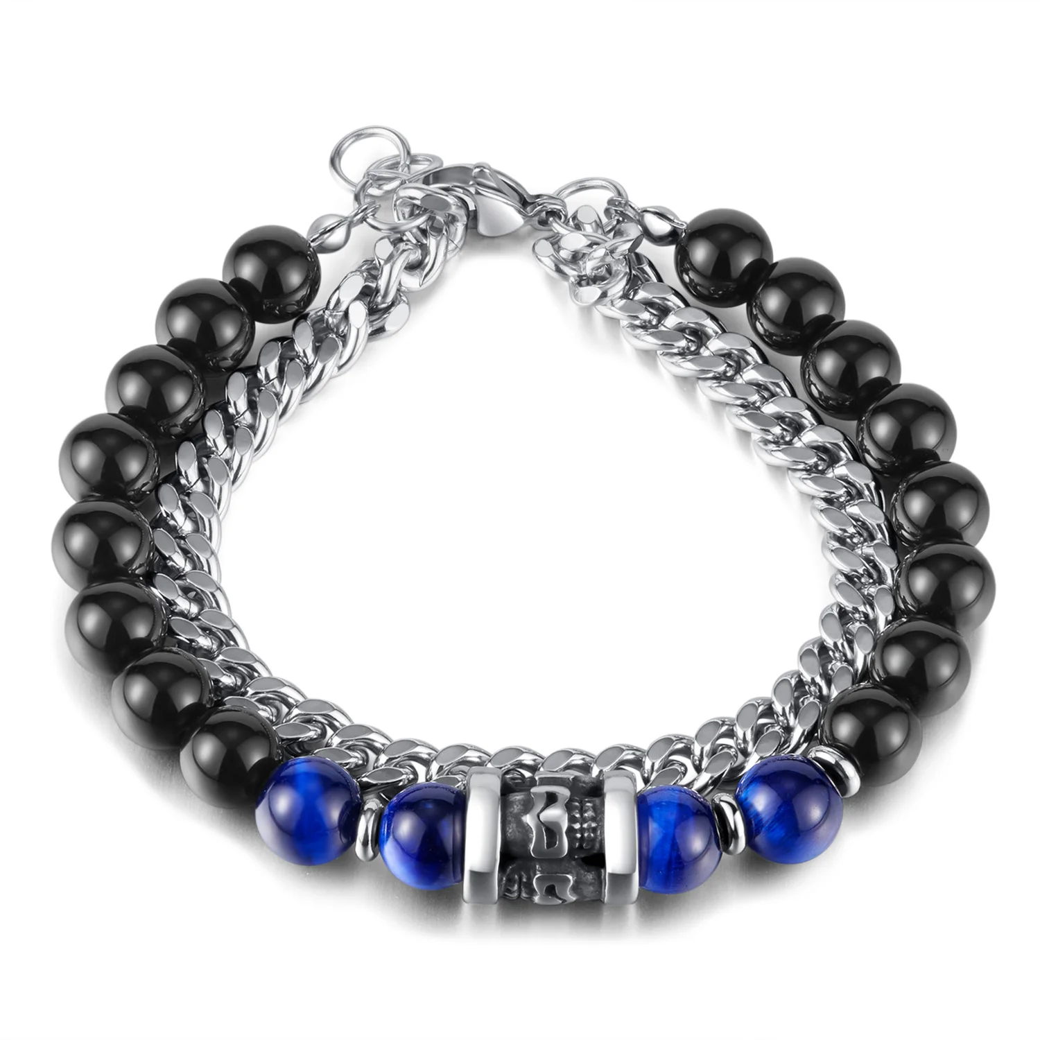 

JHSL Men Statement Dark Blue Black Bead and Link Chain Bracelets Bangles Stainless Steel Father Birthday Gift Fashion Jewelry