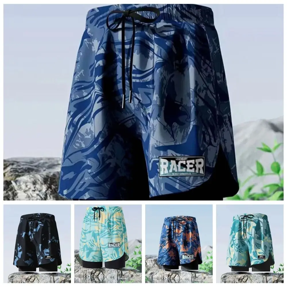 

L-5XL Men's Swimming Trunks Quick Drying Printing Adult Double Layered Swimming Trunks Five Point Style Breathable Beach Pants