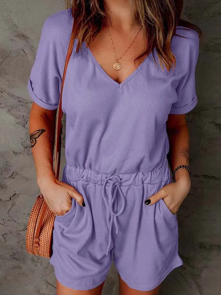 

2023 Summer Casual Playsuit Women Romper V Neck Short Sleeve Playsuit Jumpsuit Overall Pocket Loose Playsuits for Women