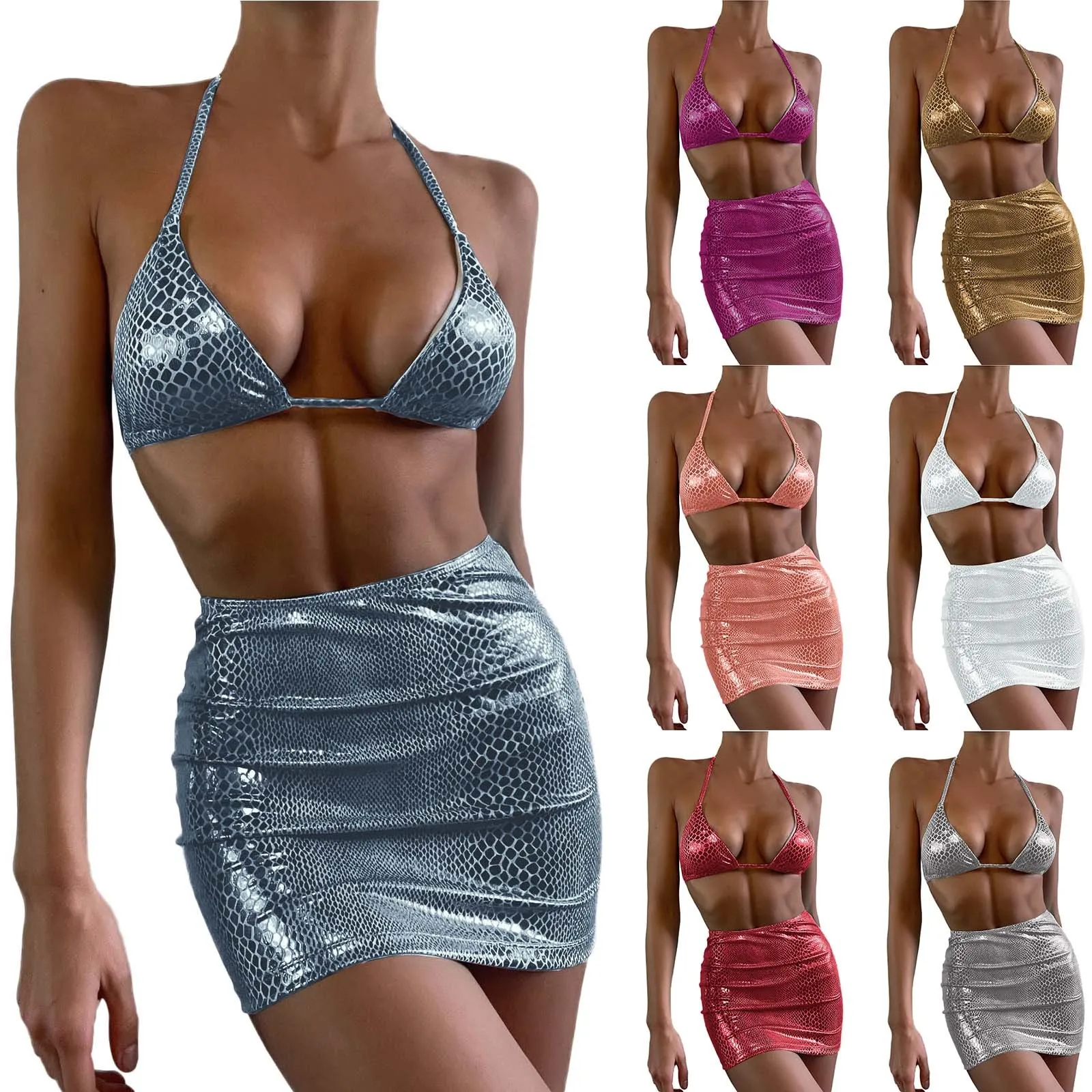 

2024 Women Shiny Rave Outfits Halter Bikini Sets Bra Top Panty Mini Skirt Metallic Swimsuit Dancewear Womens Swim Top Large Bust