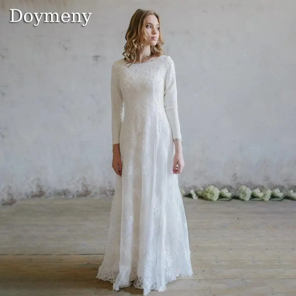 

Doymeny Modest Long Sleeve A-Line Wedding Dress Lace Appliques Bridal Gowns Elegant Scoop-Neck Floor Length Vestidos De Novia