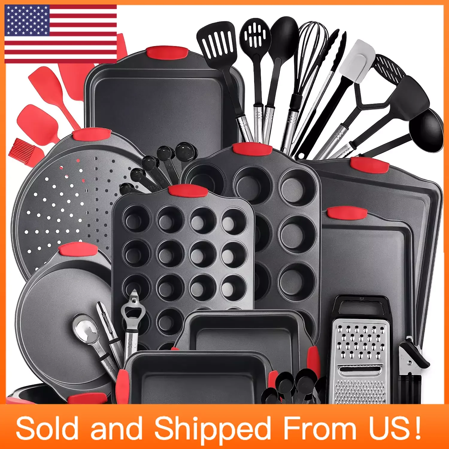 39 PC Baking Pans Set - Cookie Sheets, Nonstick Bakeware with Kitchen Utensils, Black & Black Utensils
39 PC Baking Pans Set - Cookie Sheets, Nonstick Bakeware with Kitchen Utensils, Black & Black Utensils