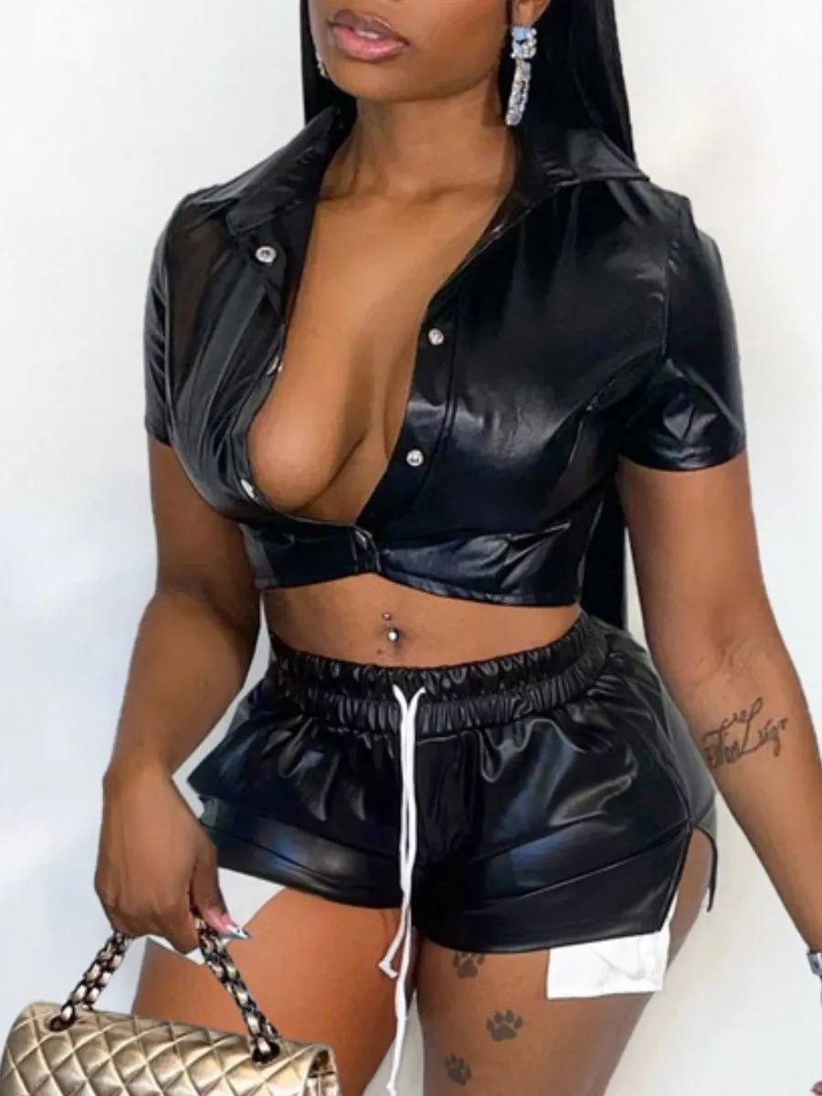 

LW SXY Faux Leather Crop Top Drawstring Shorts Set 2023 Summer Women Casual Two Piece Suit Sets short sleeve black Shorts Set