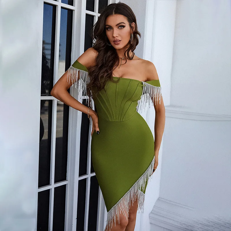 2023 Summer Green Parity Dress Fringed Split Slash Neck Dimond Tassel Bobycon Birthday Wedding Dresses for Women
2023 Summer Green Parity Dress Fringed Split Slash Neck Dimond Tassel Bobycon Birthday Wedding Dresses for Women