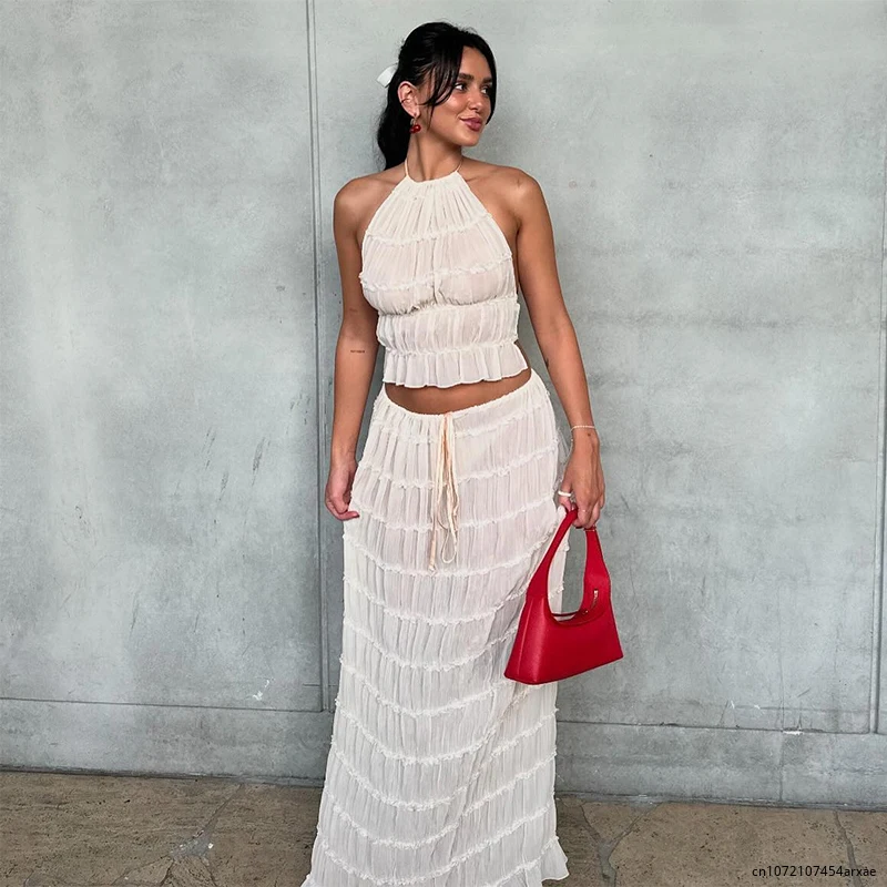 

Fashion Solid Hang Neck Long Skirt Suit Women Backless Sling Top Lace Up Fold Maxi Skirts 2024 Spring Summer Female 2 Piece Set