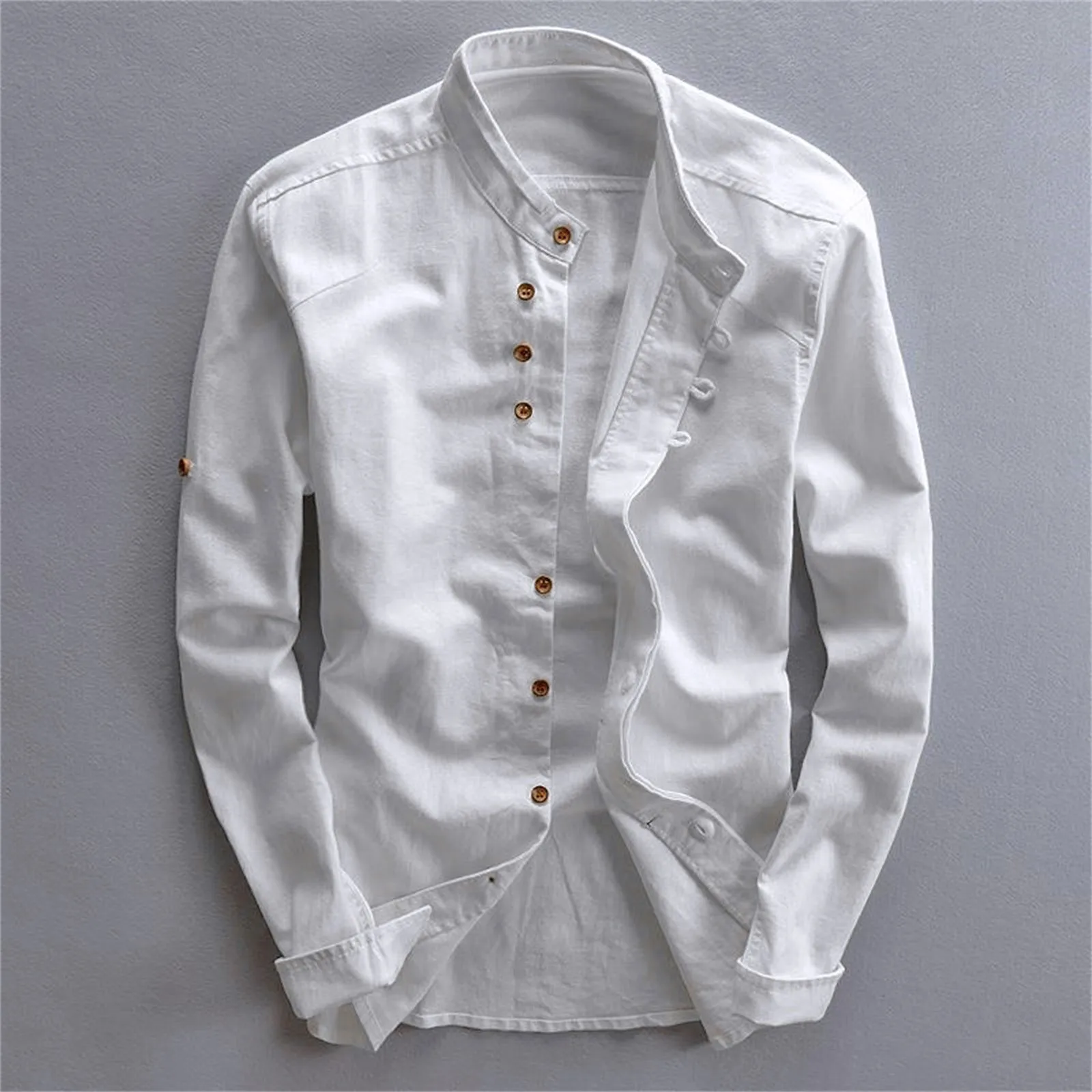 

Рубашка мужская с воротником-стойкой, льняная сорочка из хлопка и льна, приталенный силуэт, длинный рукав, Повседневная дышащая классическая, в японском стиле, Харадзюку