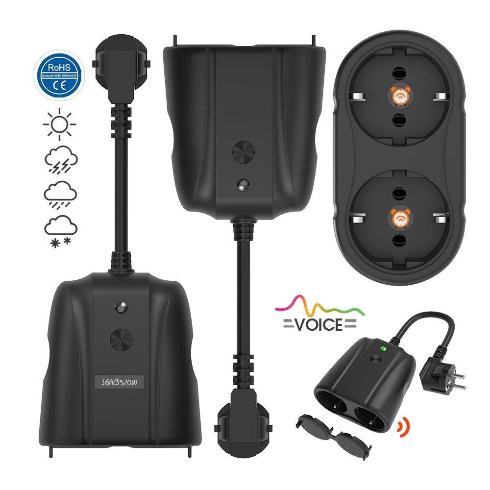 Outdoor Weatherproof Smart WiFi Outlet Safety Power Plug with 2-Socket for Tuya App Wireless Remote & Voice Control Power Strip
Outdoor Weatherproof Smart WiFi Outlet Safety Power Plug with 2-Socket for Tuya App Wireless Remote & Voice Control Power Strip