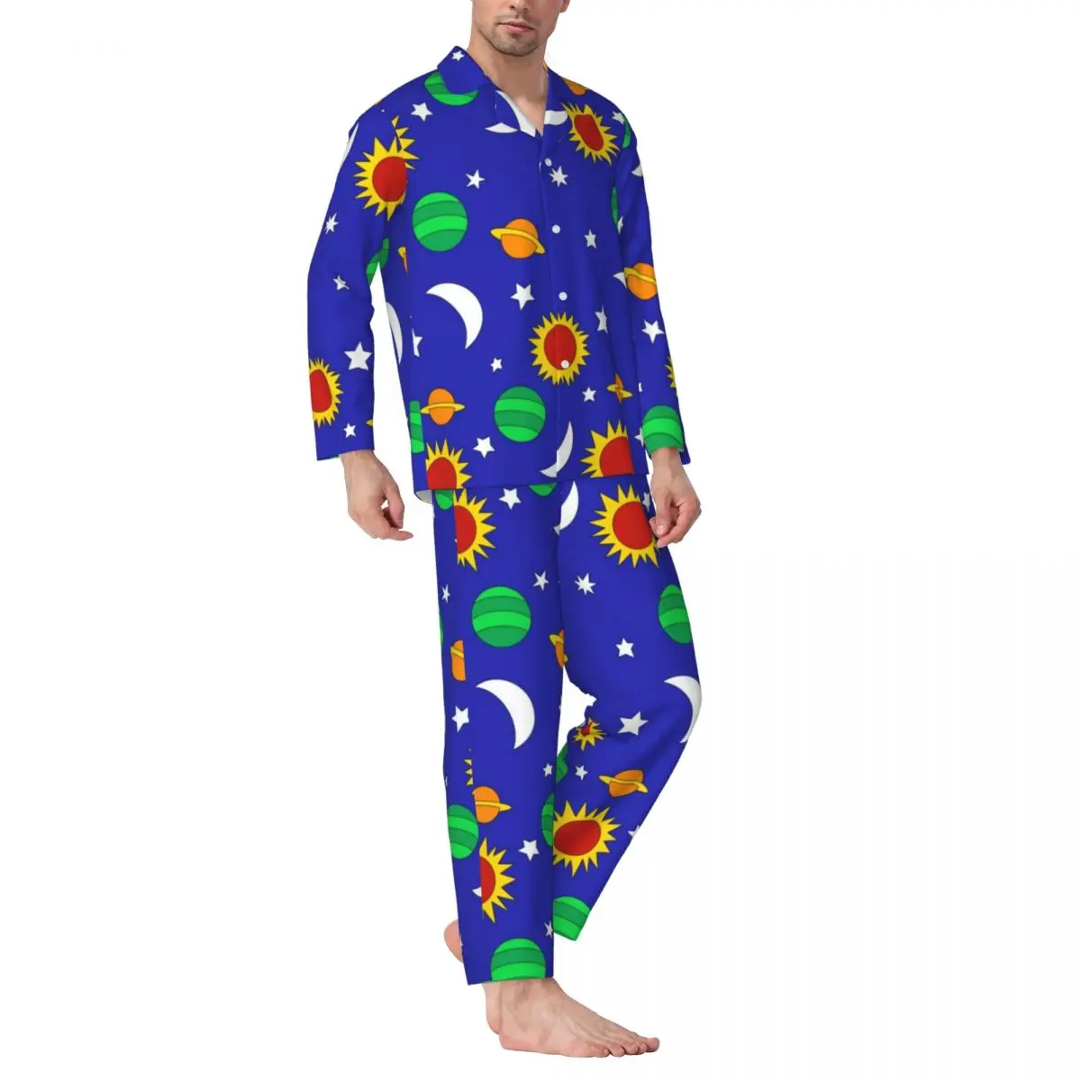 

Pajamas Man Gothic Celestial Daily Sleepwear Lost in Space 2 Piece Casual Pajama Sets Long-Sleeve Lovely Oversized Home Suit