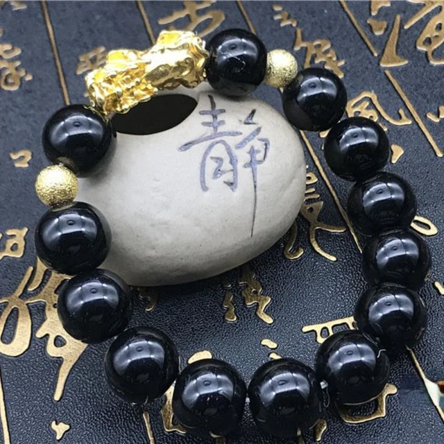 Bracelet de perles d'obsidienne noire Feng Shui, couleur or, attire la richesse, porte-bonheur, Pixiu, bijoux cadeau 2