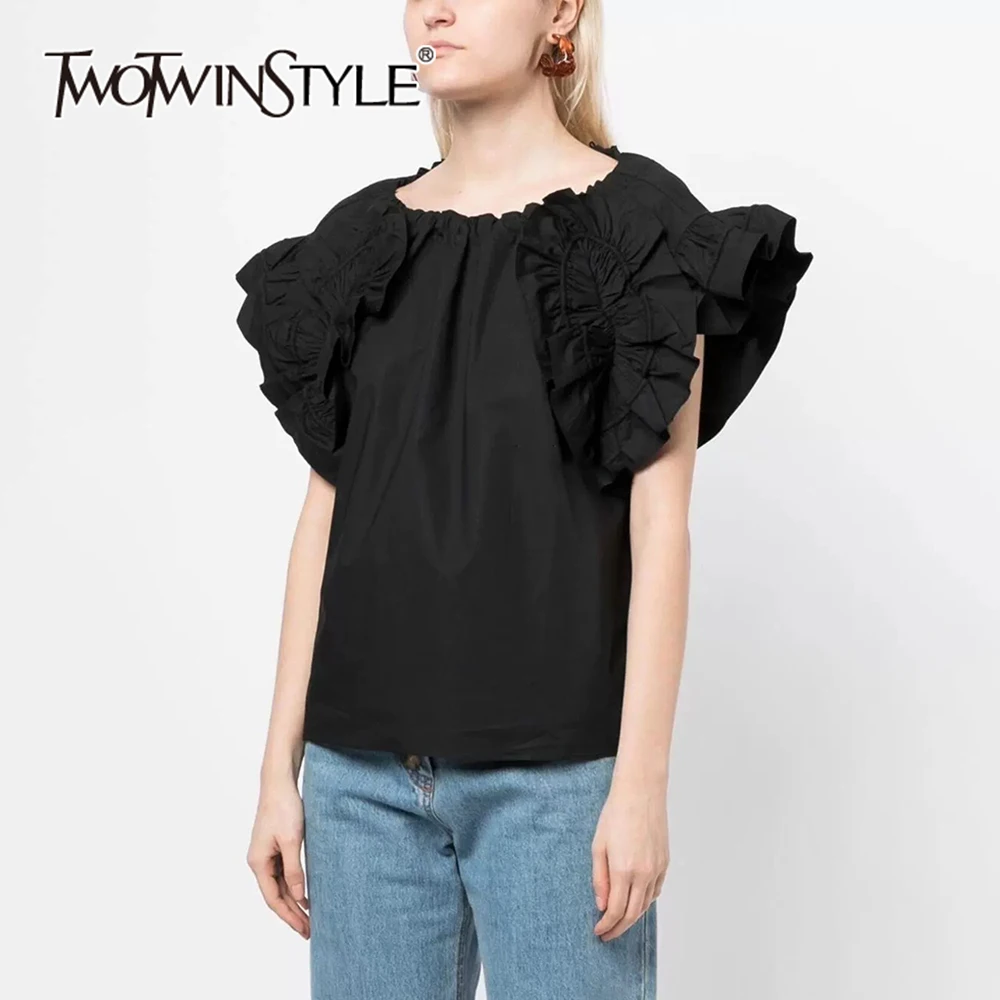 

TWOTWINSTYLE Solid Spliced Ruffles Casual Shirt For Women Round Neck Flying Sleeve Patchwork Folds Minimalist Blouses Female New