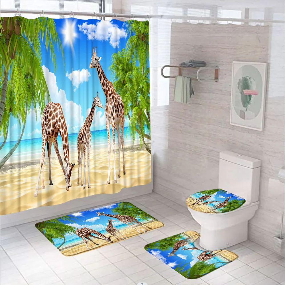 

Beach Giraffe Shower Curtain Set Non-Slip Carpet Rug Toilet Lid Cover Bath Mat Wildlife Tropical Sea Palm Tree Bathroom Curtains
