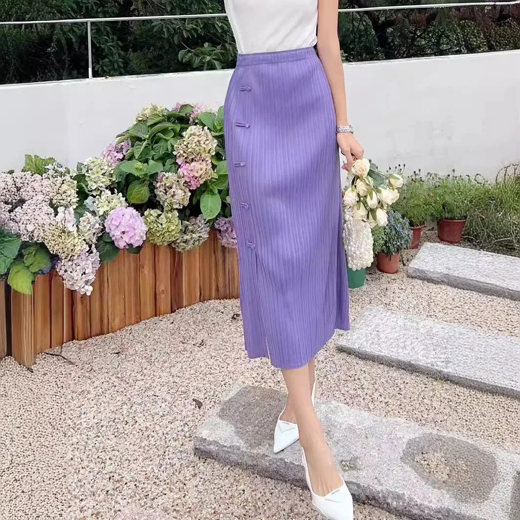 

Miyake Solid Color Plate Buckle Pleated Elegant Half-body Skirt Female Elastic Waist Fashion Slim High-waisted Peplum Skirt