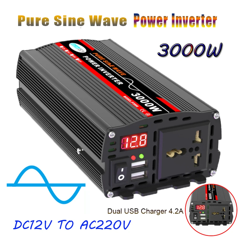 Car Power Inverter Pure Sine Wave DC 12V to AC 220V 3000W/4000W/6000W with LED Display Screen 1x Power Socket 2x 4.2A USB Ports
Car Power Inverter Pure Sine Wave DC 12V to AC 220V 3000W/4000W/6000W with LED Display Screen 1x Power Socket 2x 4.2A USB Ports