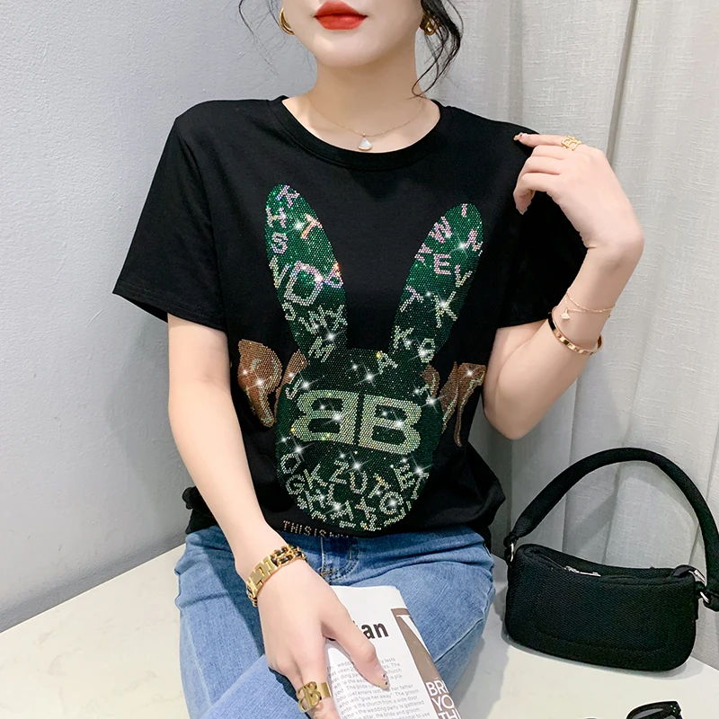 2023 New Summer European Clothes Cotton T-Shirt Sexy Shiny Diamonds Cute Letter Women Tops Short Sleeve Loose Casual Tees 33102
2023 New Summer European Clothes Cotton T-Shirt Sexy Shiny Diamonds Cute Letter Women Tops Short Sleeve Loose Casual Tees 33102