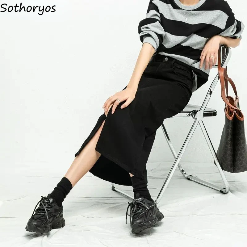Black Midi Skirts for Women Denim Slit Design Vintage High Waist Cool American Style All-match Personality Washed Юбка Женская 
Black Midi Skirts for Women Denim Slit Design Vintage High Waist Cool American Style All-match Personality Washed Юбка Женская