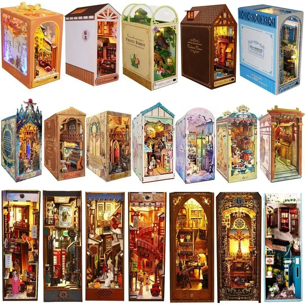 

Original Book Nook Diy Wooden Shelf Insert Kit Miniature Fairy Tale Town Bookshelf Forest House Dollhouse Bookend Toys Gifts